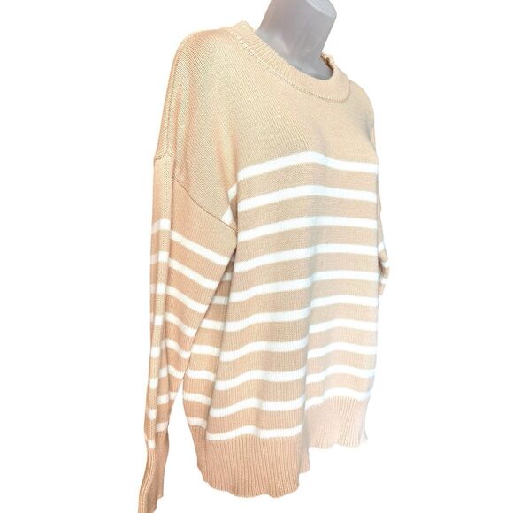Neutral Beige/White Stripe Crew Neck Pullover Sweater Sz L Classic Minimalist - Picture 4 of 6